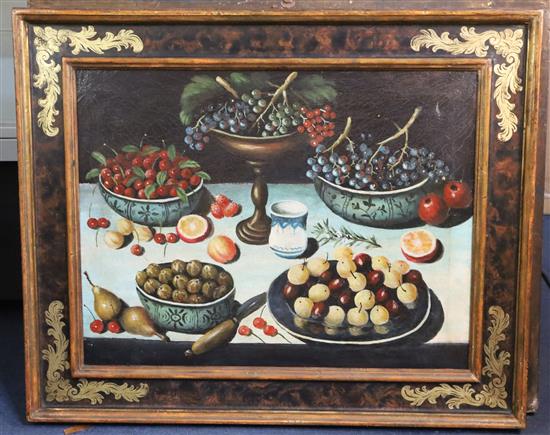 17th century Italian Style Still lifes of fruit and pastries on tabletops 19 x 25in.